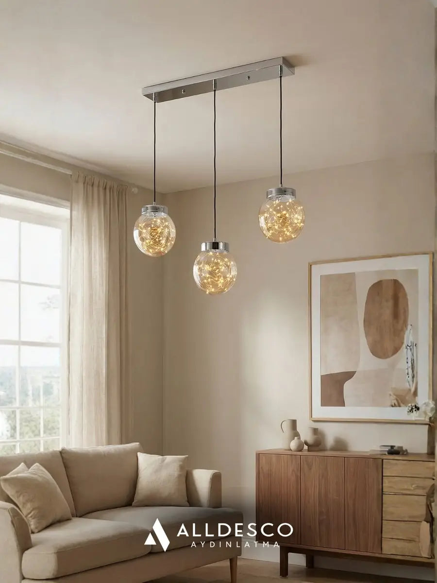 Glow 3’lü Sıralı Peri LED Avize – Cam Küre Dekoratif Yemek Masası Avizesi